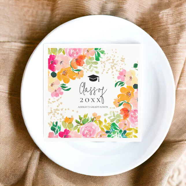 Gold glitter floral botanical class of graduation napkins | Zazzle
