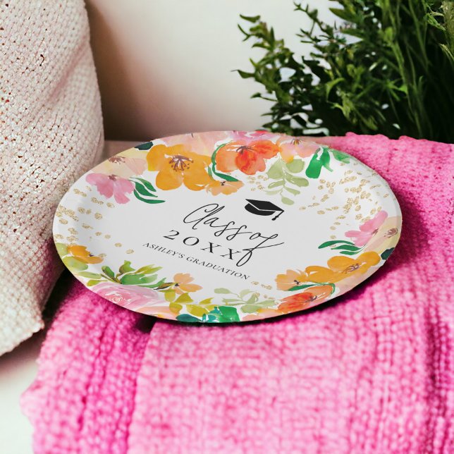 Gold glitter floral botanical class of graduation paper plates (Gold glitter floral botanical class of graduation paper plates)