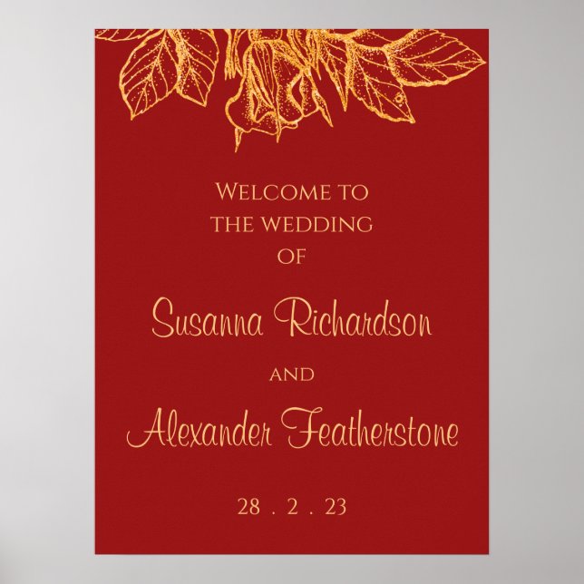 Gold Glitter Floral Bouquet, Red Wedding Welcome Poster (Front)