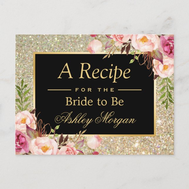 Gold Glitter Floral | Bridal Shower Recipe Card (Front)