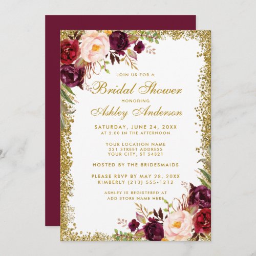 Gold Glitter Floral Burgundy Bridal Shower Invite