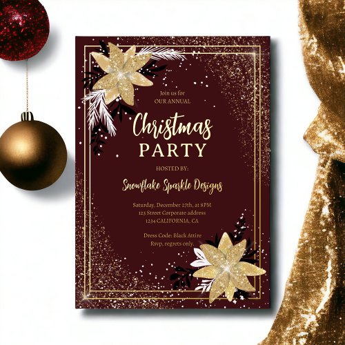 Gold glitter floral burgundy Corporate Christmas Foil Holiday Card