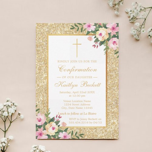 Gold Glitter Floral Confirmation Or 1st Communion Invitation