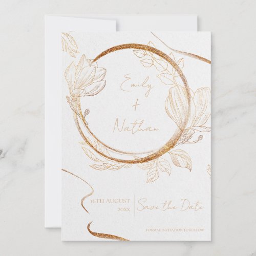 Gold Glitter Floral Elegant Wedding Save The Date Invitation