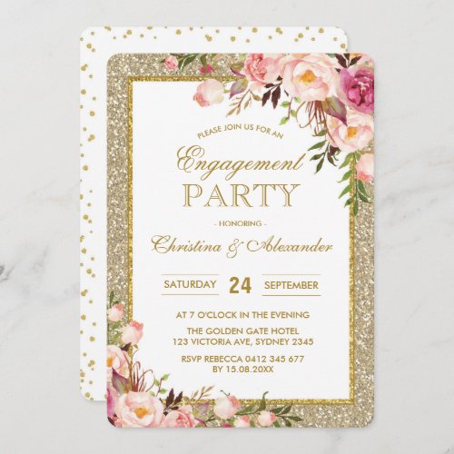 Gold Glitter Floral Engagement Party Invitation