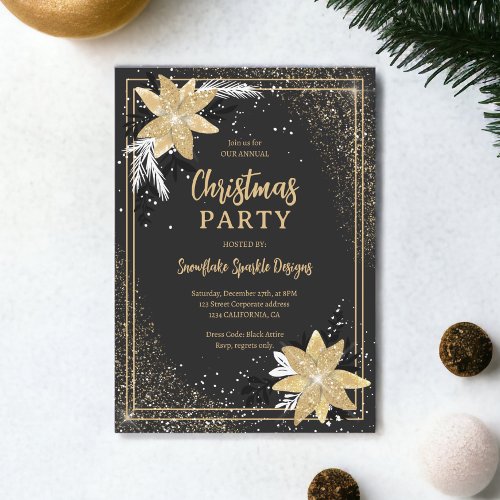 Gold glitter floral gray Corporate Christmas Invitation