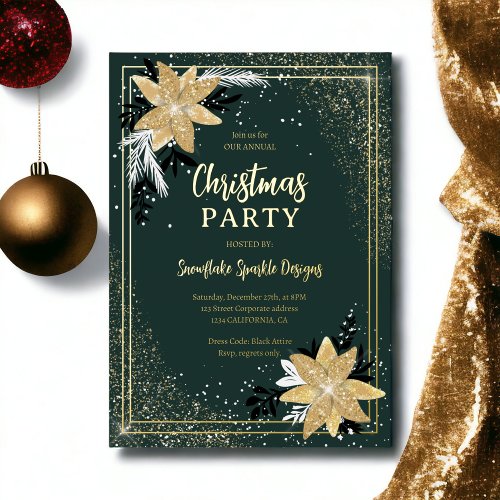 Gold glitter floral green Corporate Christmas Foil Holiday Card