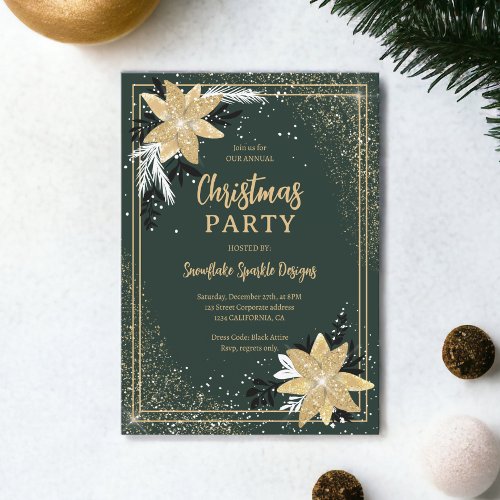 Gold glitter floral green Corporate Christmas Invitation
