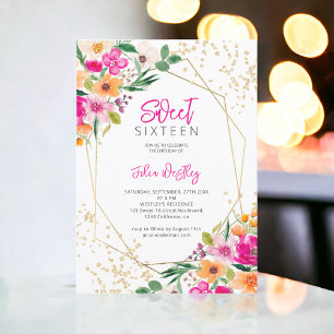 Gold glitter floral illustration photo Sweet 16 Invitation