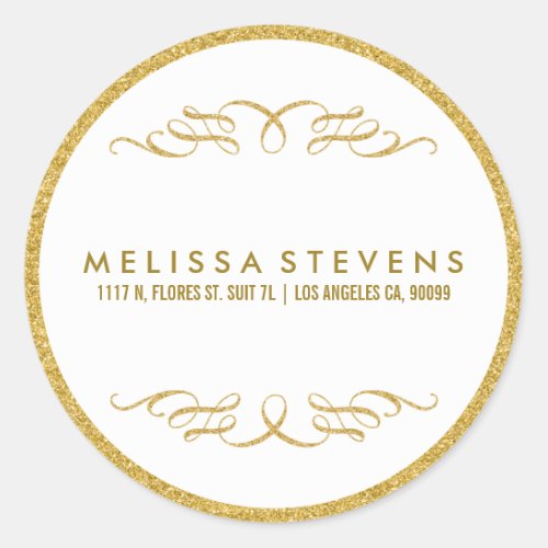 Gold Glitter Floral Lace Frame White Background Classic Round Sticker