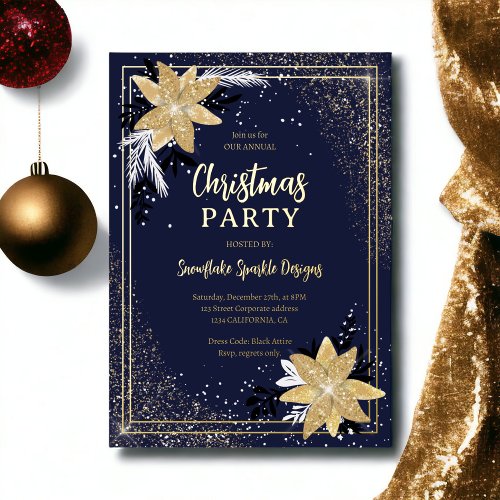 Gold glitter floral navy blue Corporate Christmas Foil Holiday Card