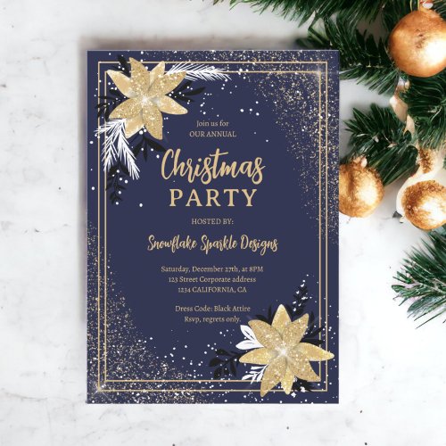 Gold glitter floral navy blue Corporate Christmas Invitation