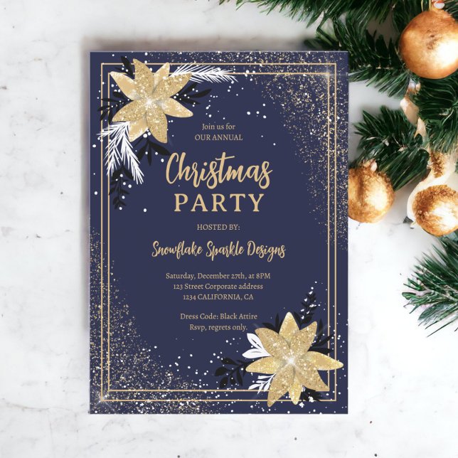 Gold glitter floral navy blue Corporate Christmas Invitation (Gold glitter floral navy blue Corporate Christmas Invitation)