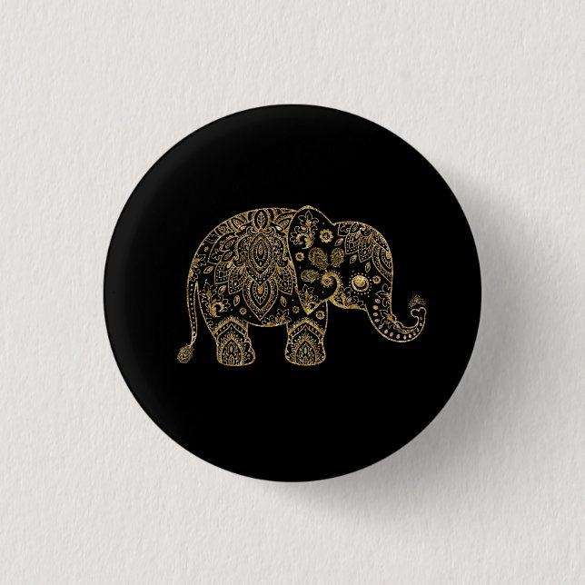 Gold Glitter Floral Paisley Elephant Illustration Pinback Button (Front)