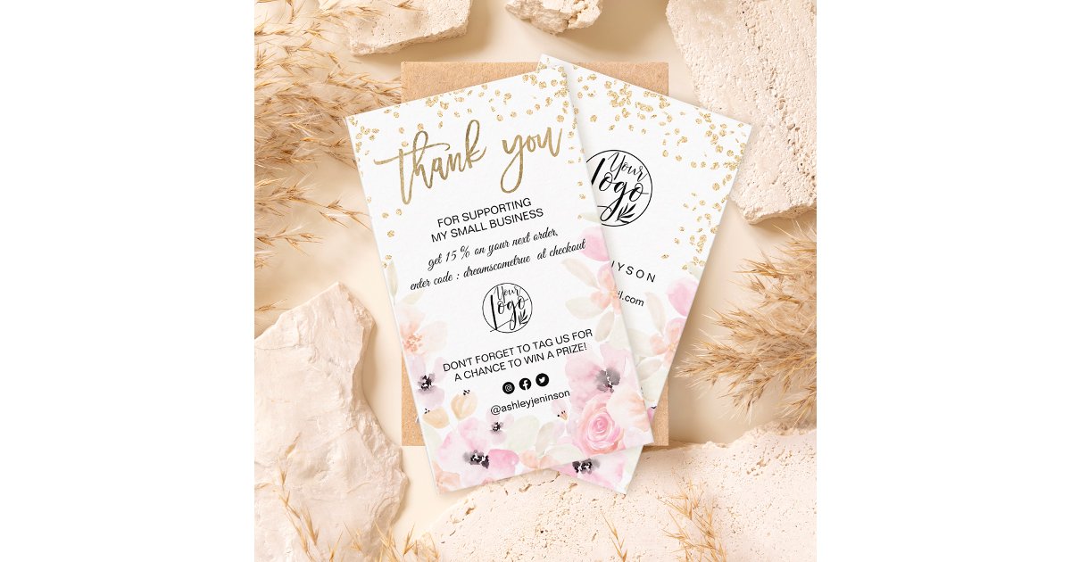 Gold glitter floral pastel logo order thank you business card | Zazzle