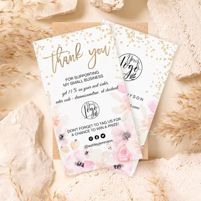 Gold glitter floral pastel logo order thank you business card | Zazzle