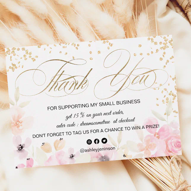 Gold glitter floral pastel logo script thank you business card | Zazzle