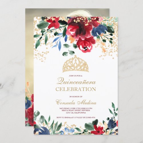 gold glitter floral photo tiara Quinceaera Invitation