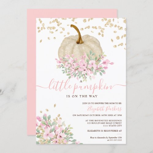 gold glitter floral pumpkin watercolor baby shower invitation
