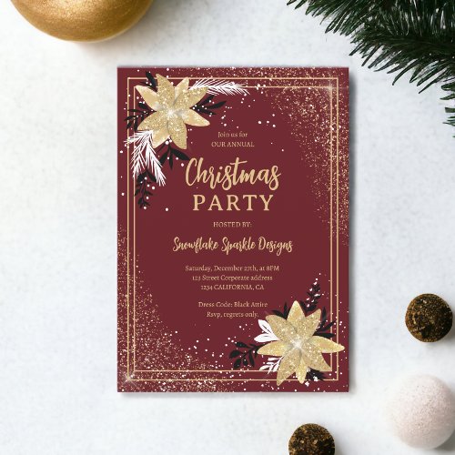 Gold glitter floral red Corporate Christmas Invitation