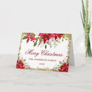 Gold Glitter Floral Red Poinsettia Christmas Fold Holiday Card