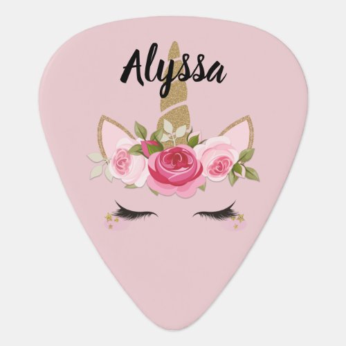 Gold Glitter Floral Rose Unicorn Personalized Name Guitar Pick