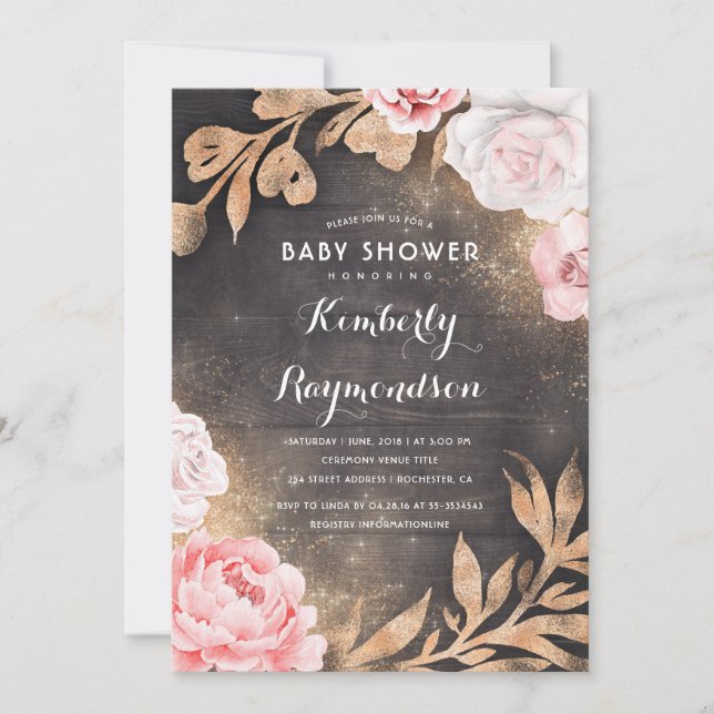 Gold Glitter Floral Rustic Country Baby Shower Invitation (Front)
