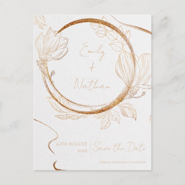 Gold Glitter Floral Script Wedding Save The Date Postcard (Front)