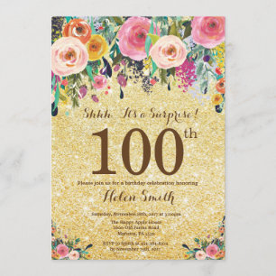 Gold Glitter Floral Surprise 100th Birthday Invitation