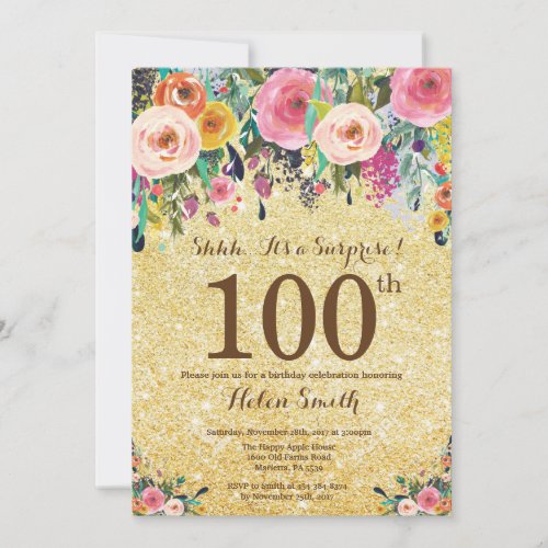 Gold Glitter Floral Surprise 100th Birthday Invitation