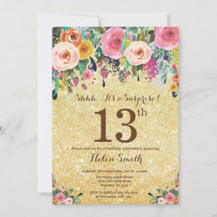 Gold Glitter Floral Surprise 13th Birthday Invitation