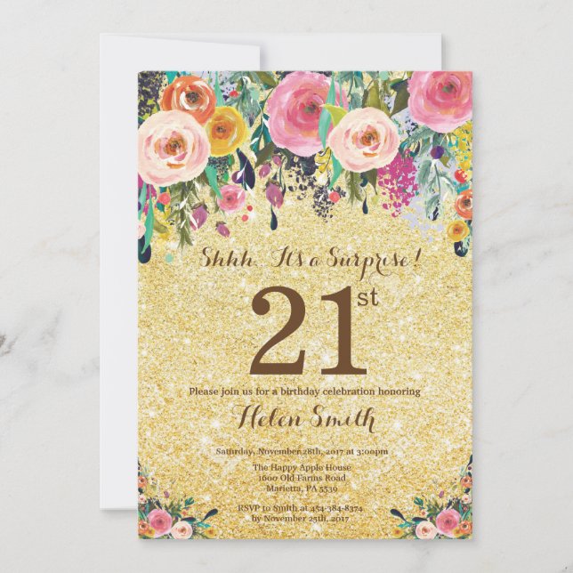 Gold Glitter Floral Surprise 21st Birthday Invitation (Front)