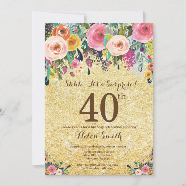 Gold Glitter Floral Surprise 40th Birthday Invitation (Front)