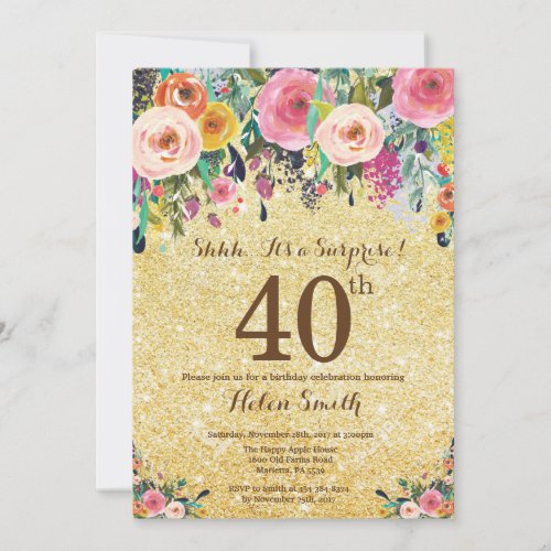 Gold Glitter Floral Surprise 40th Birthday Invitation