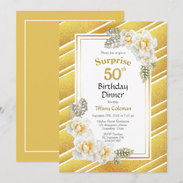 Gold Glitter Floral Surprise 50th Birthday Dinner Invitation (Front/Back)