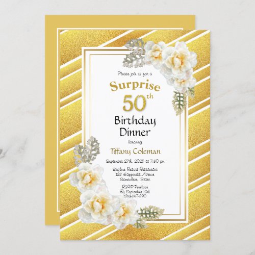 Gold Glitter Floral Surprise 50th Birthday Dinner Invitation