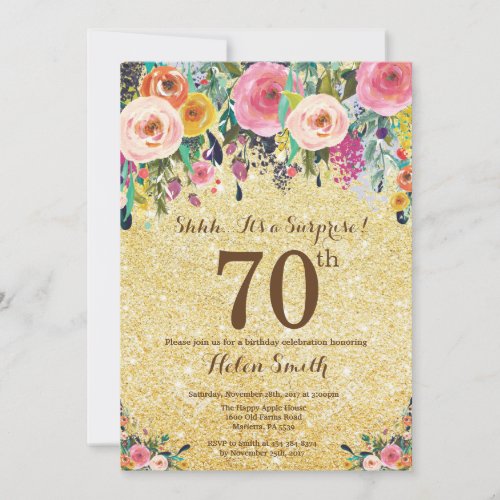 Gold Glitter Floral Surprise 70th Birthday Invitation