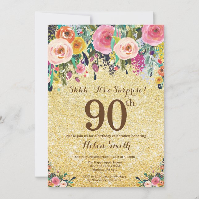 Gold Glitter Floral Surprise 90th Birthday Invitation (Front)