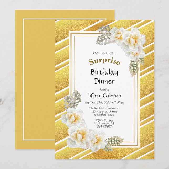 Gold Glitter Floral Surprise Birthday Dinner Invitation (Front/Back)