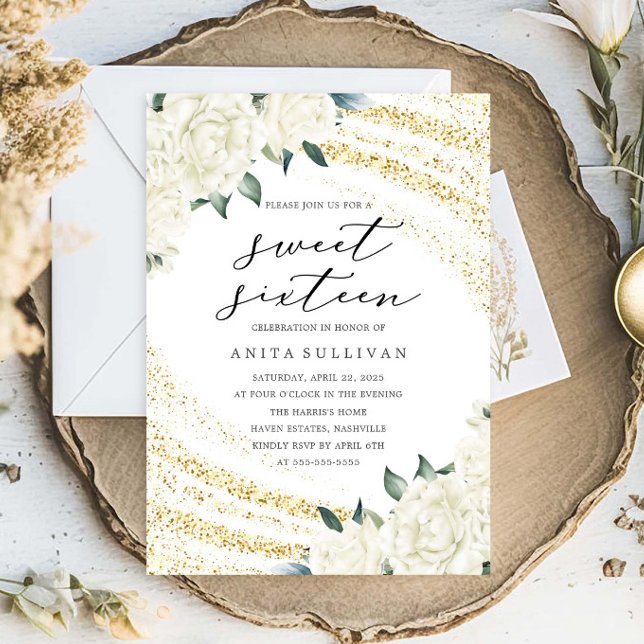 Gold Glitter Floral Sweet Sixteen 16 Birthday Invitation (Creator Uploaded)