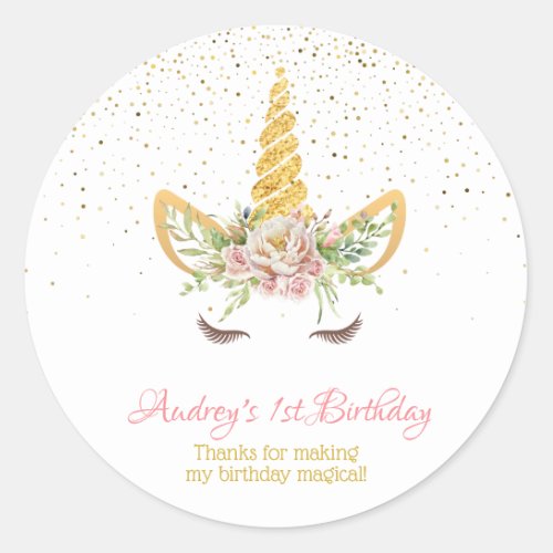 Gold Glitter  Floral Unicorn Horn Birthday Baby Classic Round Sticker