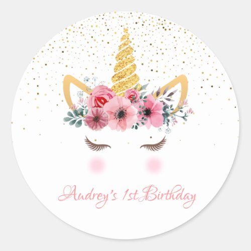 Gold Glitter  Floral Unicorn Horn Birthday Baby Classic Round Sticker