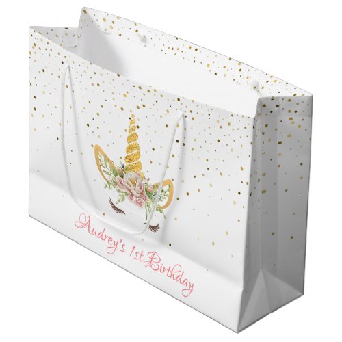 Gold Glitter  Floral Unicorn Horn Birthday Baby Large Gift Bag