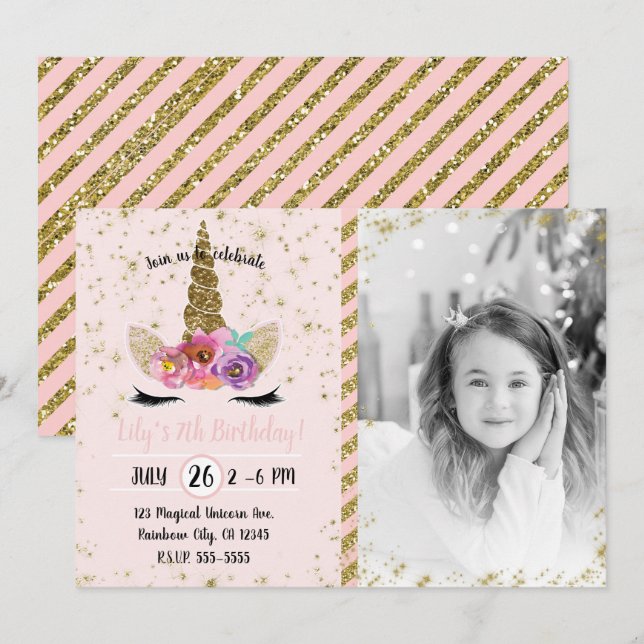 Gold Glitter Floral Unicorn Horn Birthday Photo Invitation (Front/Back)