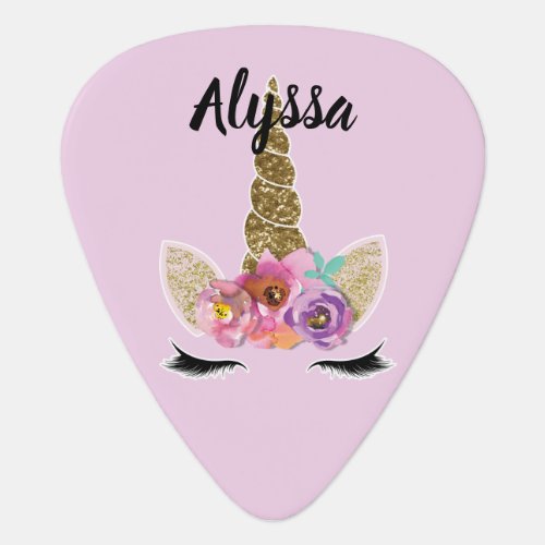 Gold Glitter Floral Unicorn Horn Personalized Name Guitar Pick
