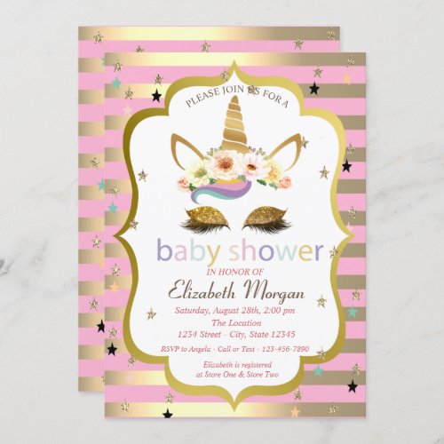 Gold Glitter Floral UnicornStripe Baby Shower Invitation