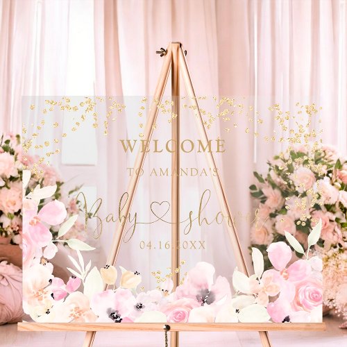 Gold glitter floral watercolor baby shower welcome acrylic sign