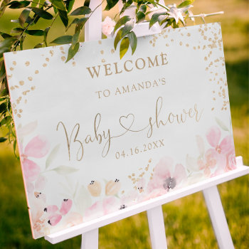 Gold Glitter Floral Watercolor Baby Shower Welcome Foam Board by girly_trend at Zazzle
