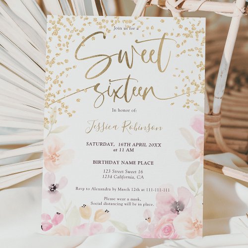 Gold glitter floral watercolor girly pink Sweet 16 Invitation