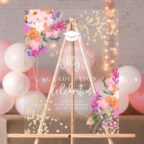 Gold glitter floral watercolor graduation welcome acrylic sign